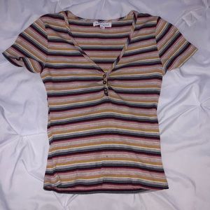 multi-colored striped shirt with 3 buttons